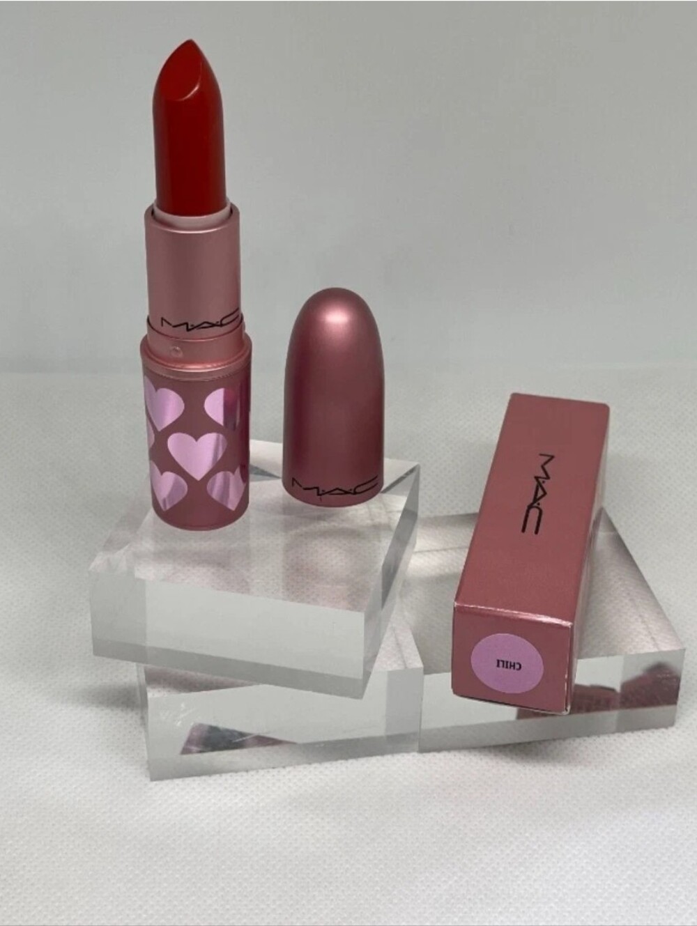 NIB Mac Matte Lipstick CHILI - Limited Edition Pink Heart Tube 0.1 Oz/3g